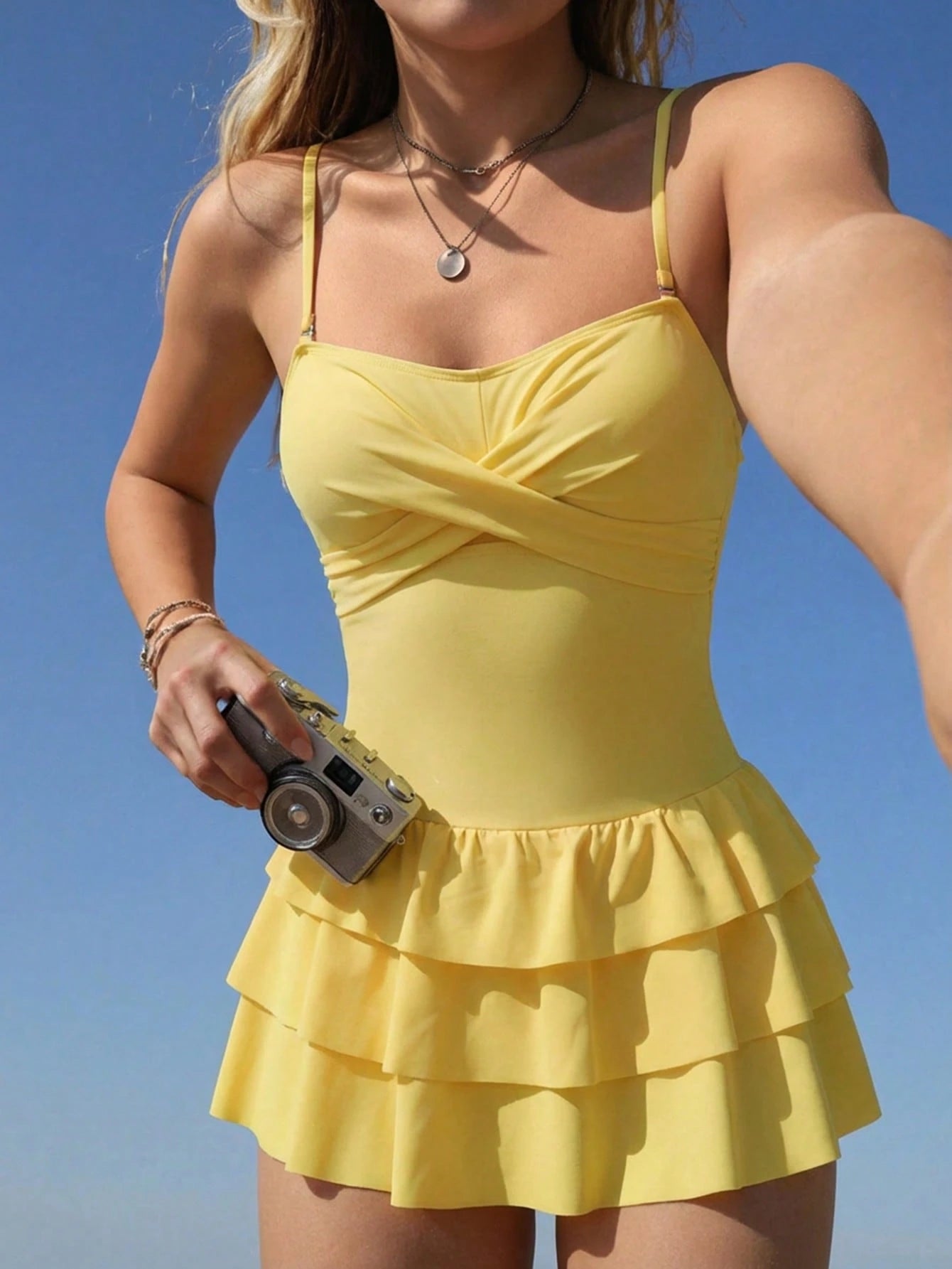 Swim Mod Cute Fabric Yellow Swim Dress For Women With Adjustable Straps