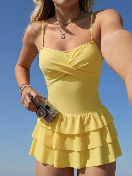 Swim Mod Cute Fabric Yellow Swim Dress For Women With Adjustable Straps