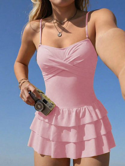 Swim Mod Cute Fabric Yellow Swim Dress For Women With Adjustable Straps