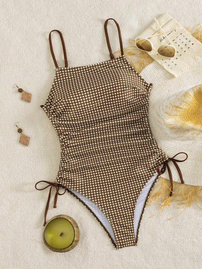 Swim Mod Cute Girls Casual Vacation Youthful Ditsy Floral Random Print Outing Beach Swimsuit Drawstring Tie-Up Slimming Backless One-Piece Swimsuit