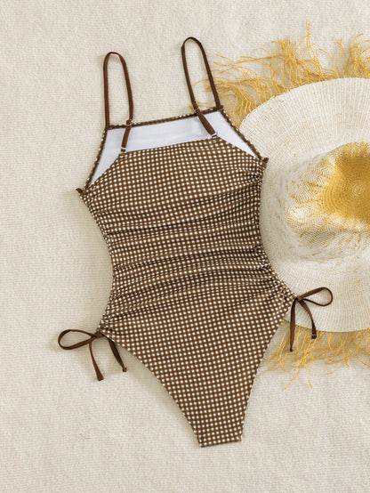 Swim Mod Cute Girls Casual Vacation Youthful Ditsy Floral Random Print Outing Beach Swimsuit Drawstring Tie-Up Slimming Backless One-Piece Swimsuit