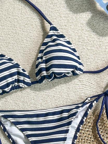Swim Mod Cute Multicolor Women's Halter Tie Back Striped Bikini Set Fabric With Tie Side Bottom