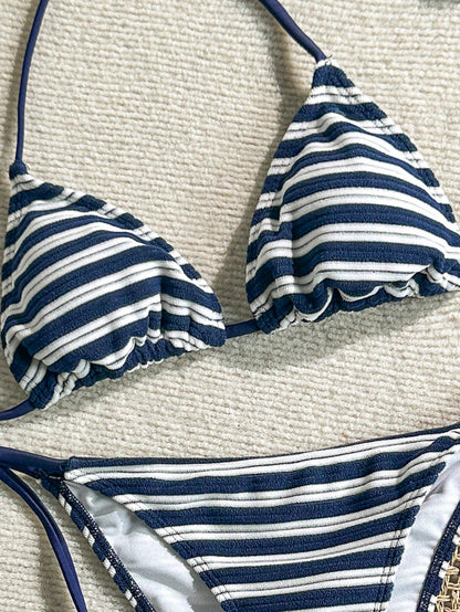 Swim Mod Cute Multicolor Women's Halter Tie Back Striped Bikini Set Fabric With Tie Side Bottom