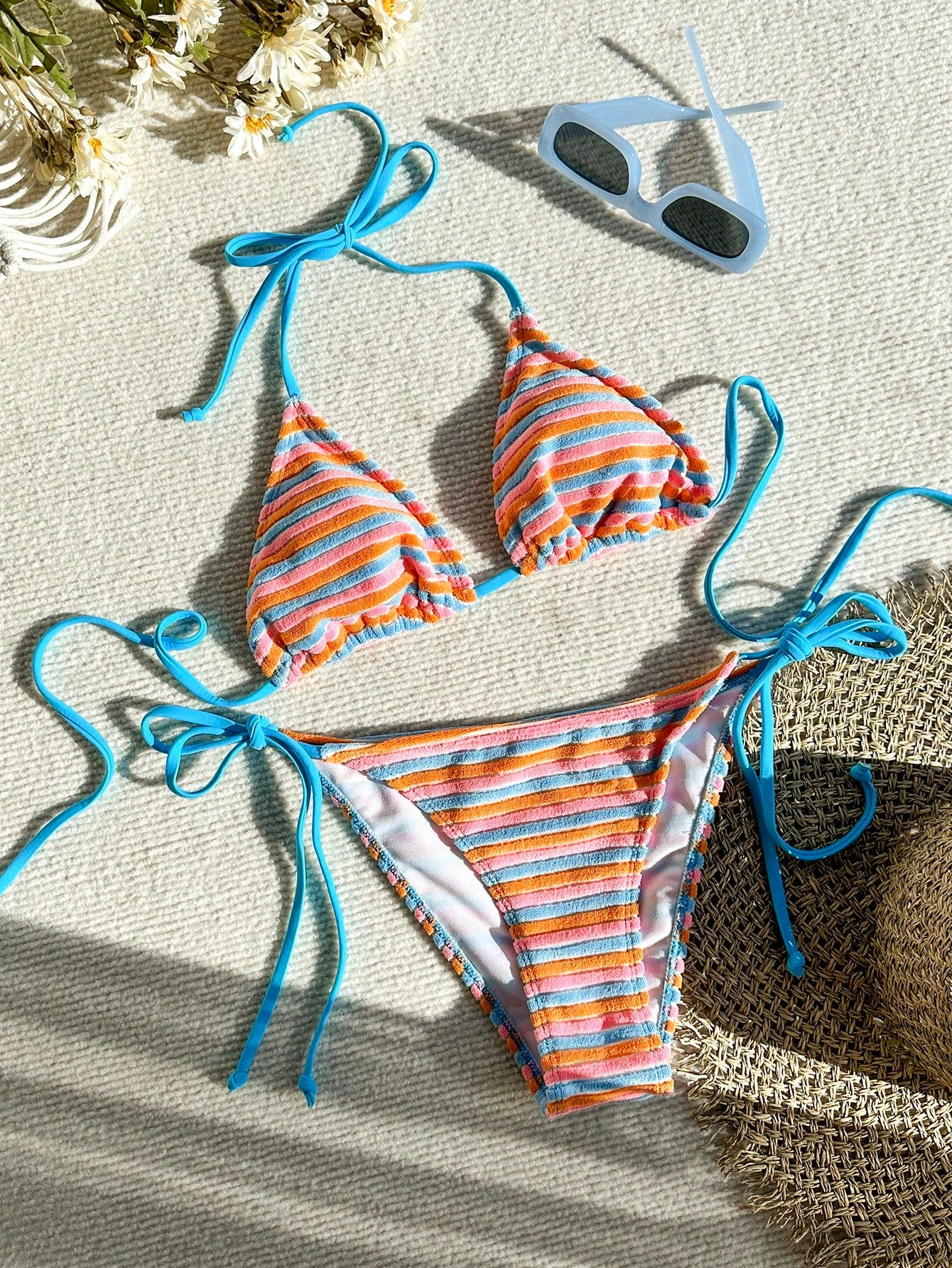 Swim Mod Cute Multicolor Women's Halter Tie Back Striped Bikini Set Fabric With Tie Side Bottom