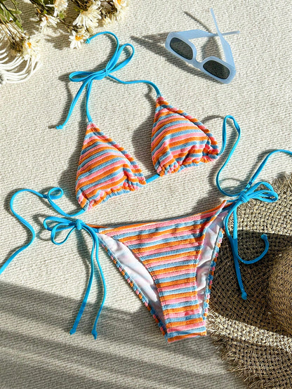 Swim Mod Cute Multicolor Women's Halter Tie Back Striped Bikini Set Fabric With Tie Side Bottom