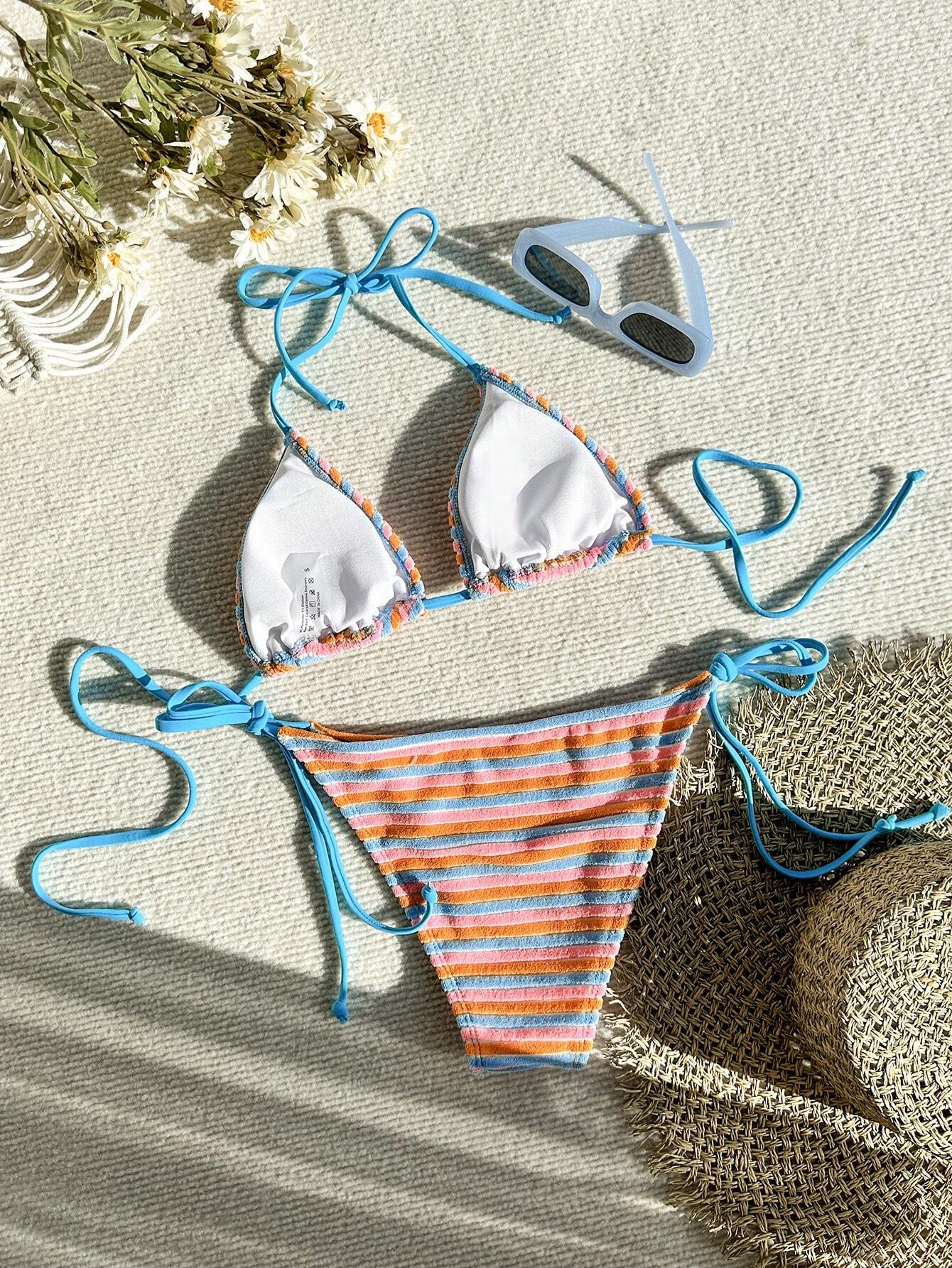 Swim Mod Cute Multicolor Women's Halter Tie Back Striped Bikini Set Fabric With Tie Side Bottom