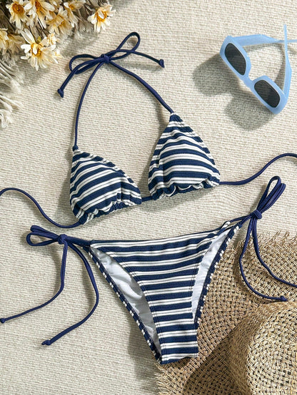 Swim Mod Cute Multicolor Women's Halter Tie Back Striped Bikini Set Fabric With Tie Side Bottom