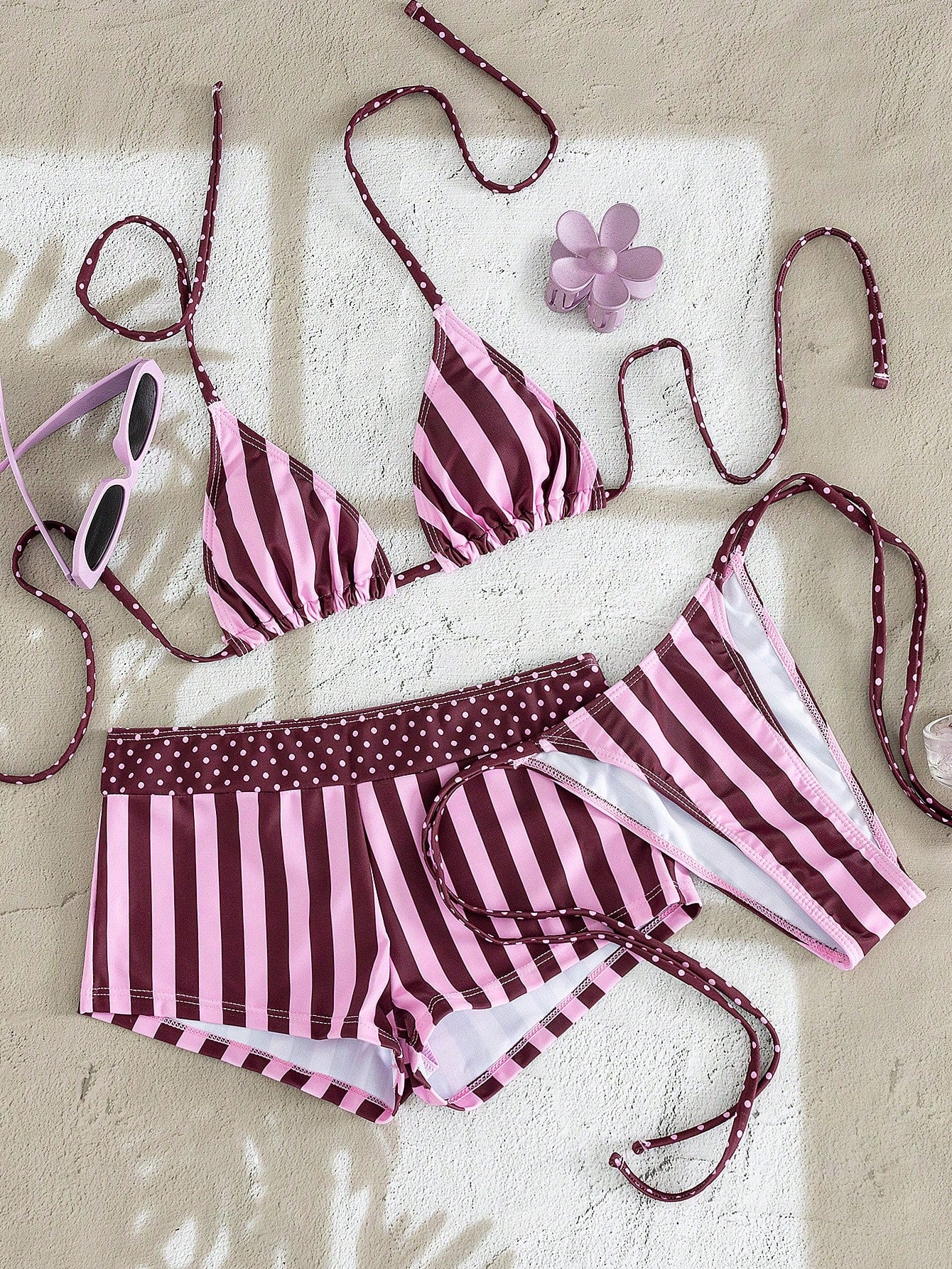 Swim Mod Dark Pink Stripe 3-Piece Swimwear Women,Halter Strap Bikini Top, Printed Triangle Bottoms,Summer Casual Sexy Tropical Beach Party Holiday Vacation