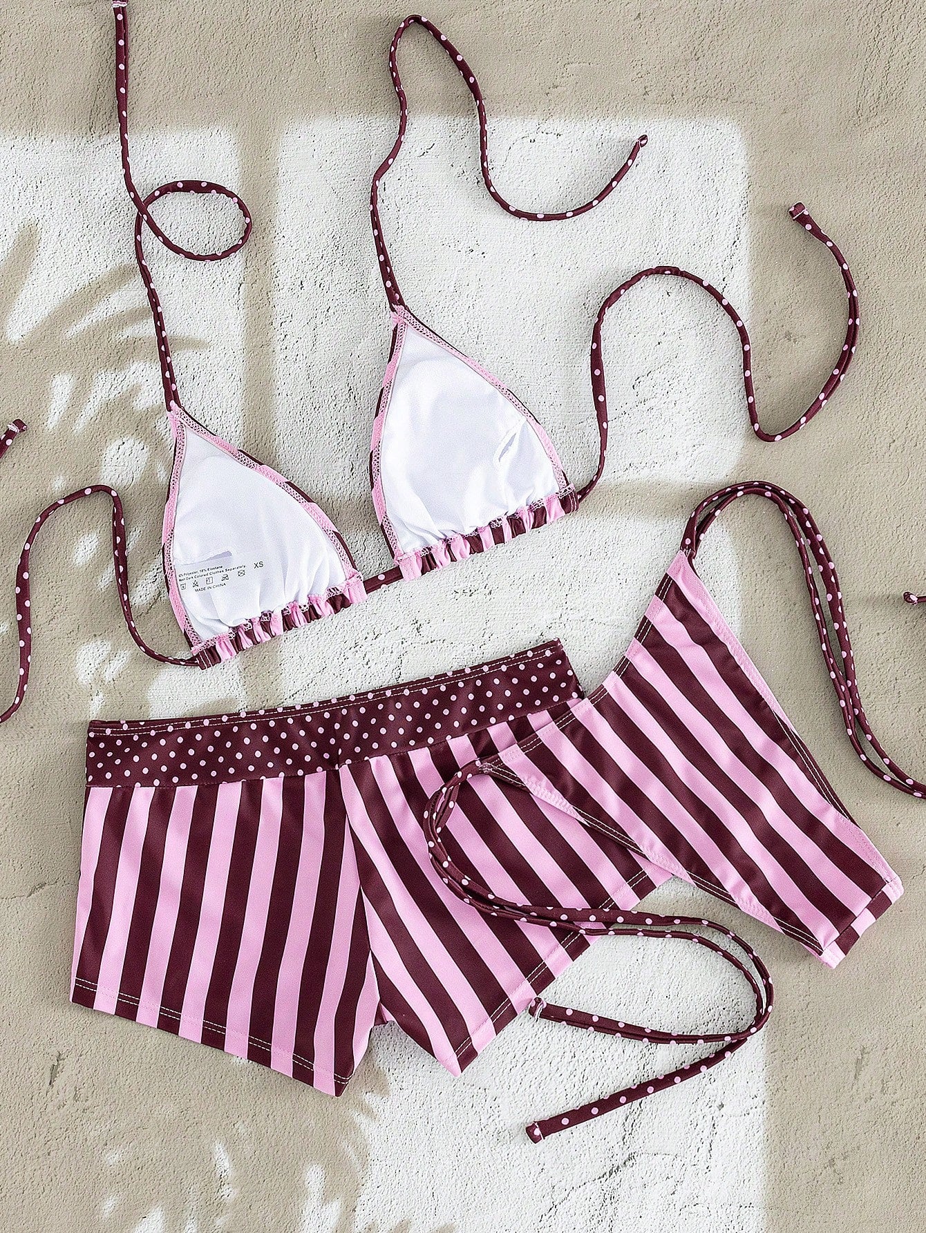 Swim Mod Dark Pink Stripe 3-Piece Swimwear Women,Halter Strap Bikini Top, Printed Triangle Bottoms,Summer Casual Sexy Tropical Beach Party Holiday Vacation