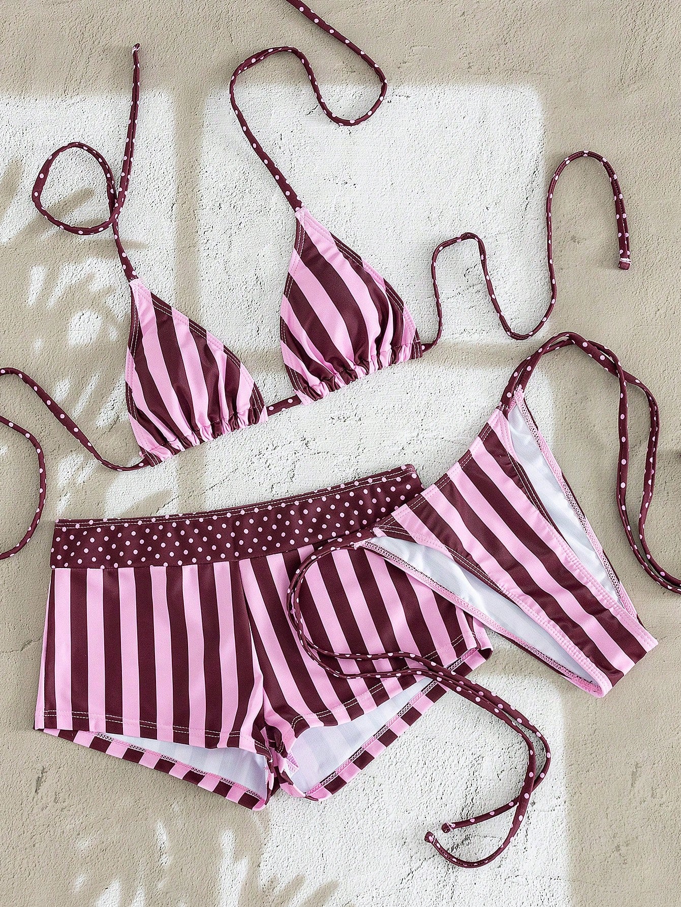 Swim Mod Dark Pink Stripe 3-Piece Swimwear Women,Halter Strap Bikini Top, Printed Triangle Bottoms,Summer Casual Sexy Tropical Beach Party Holiday Vacation