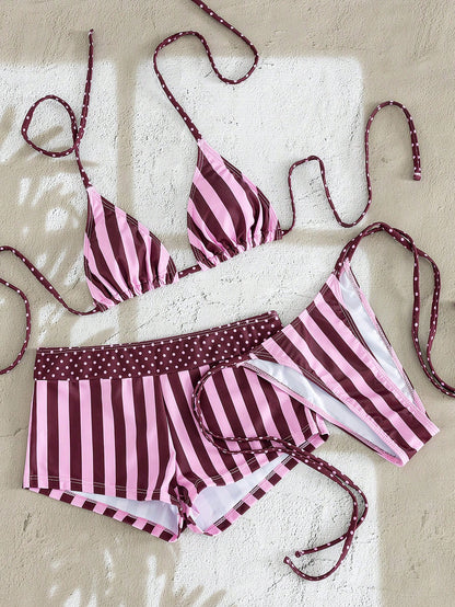 Swim Mod Dark Pink Stripe 3-Piece Swimwear Women,Halter Strap Bikini Top, Printed Triangle Bottoms,Summer Casual Sexy Tropical Beach Party Holiday Vacation