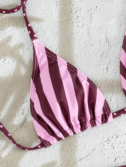 Swim Mod Dark Pink Stripe 3-Piece Swimwear Women,Halter Strap Bikini Top, Printed Triangle Bottoms,Summer Casual Sexy Tropical Beach Party Holiday Vacation