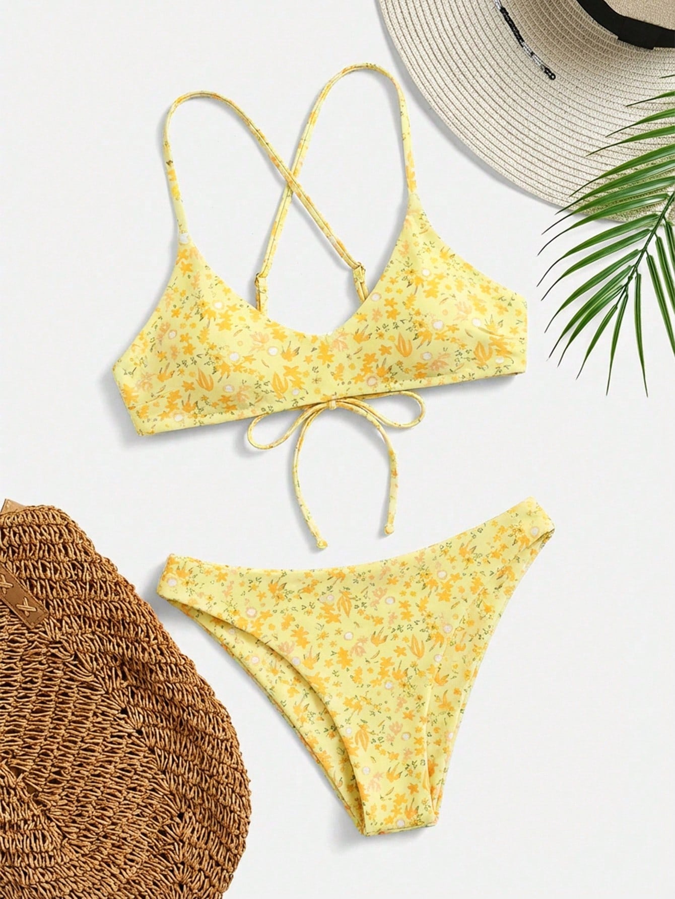 Swim Mod Ditsy Floral Bikini Set For Beach Vacation Yellow Summer Cute