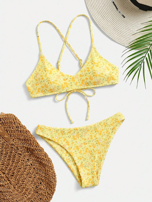Swim Mod Ditsy Floral Bikini Set For Beach Vacation Yellow Summer Cute
