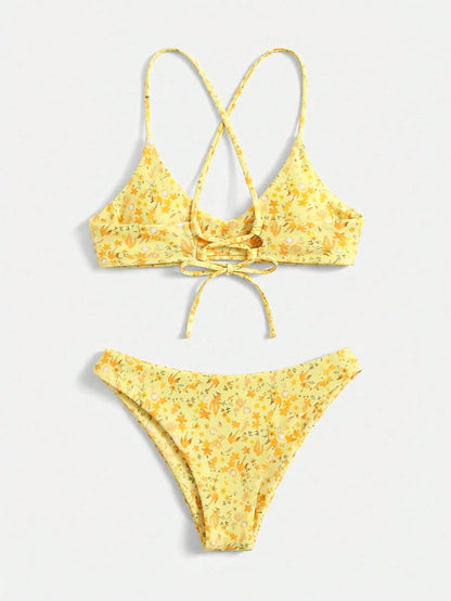 Swim Mod Ditsy Floral Bikini Set For Beach Vacation Yellow Summer Cute