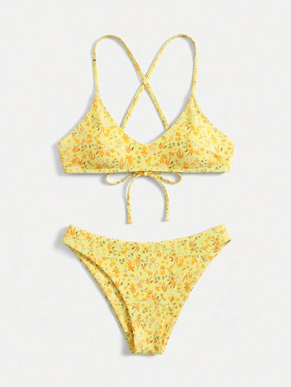 Swim Mod Ditsy Floral Bikini Set For Beach Vacation Yellow Summer Cute