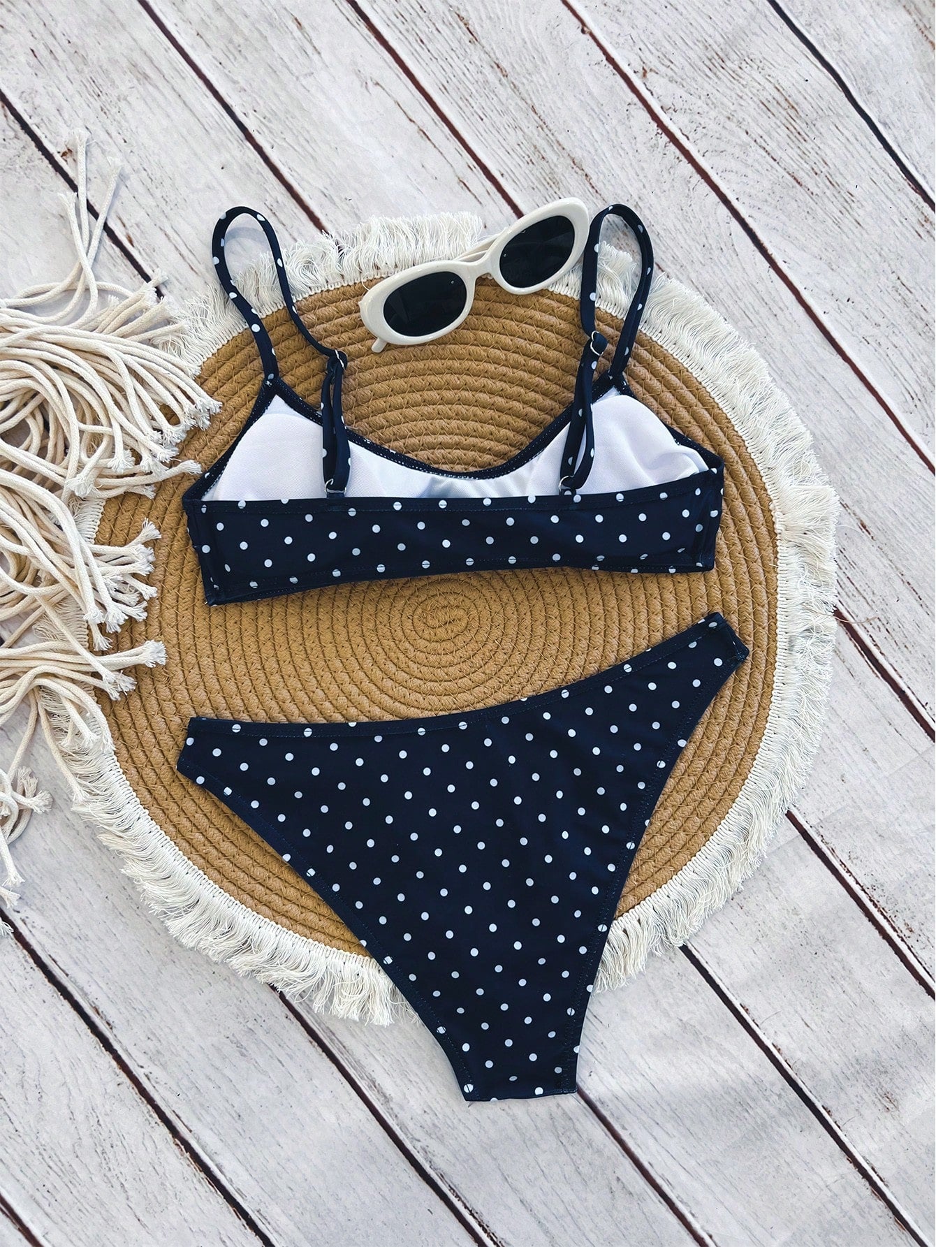 Swim Mod Elegant Vacation Bohemian Navy Blue & White Polka Dot Adjustable Strap V-Neck Sexy Bikini Set