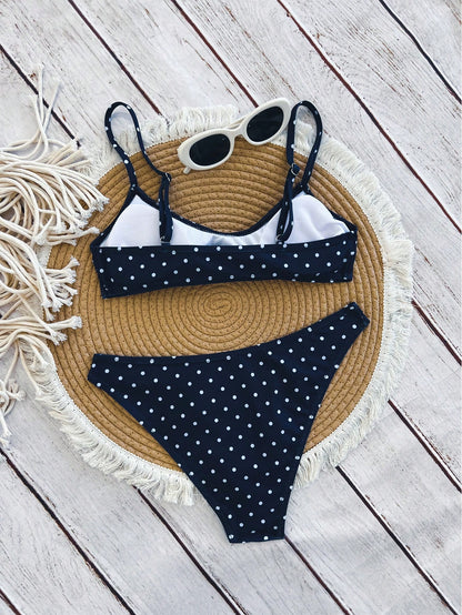 Swim Mod Elegant Vacation Bohemian Navy Blue & White Polka Dot Adjustable Strap V-Neck Sexy Bikini Set