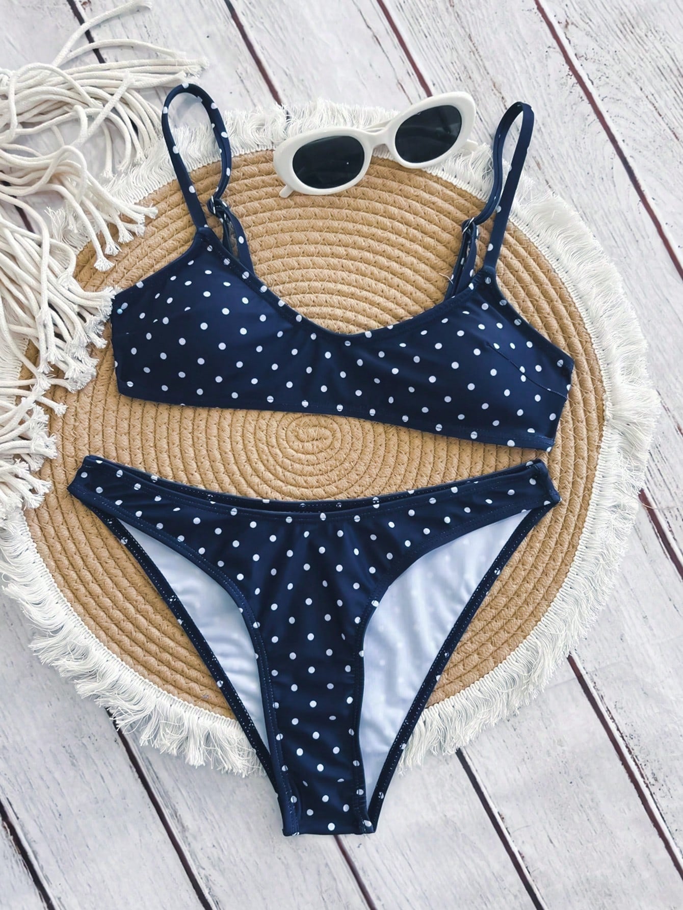 Swim Mod Elegant Vacation Bohemian Navy Blue & White Polka Dot Adjustable Strap V-Neck Sexy Bikini Set