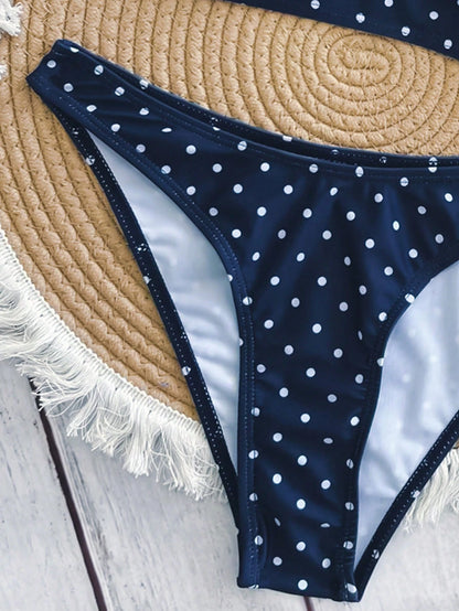 Swim Mod Elegant Vacation Bohemian Navy Blue & White Polka Dot Adjustable Strap V-Neck Sexy Bikini Set