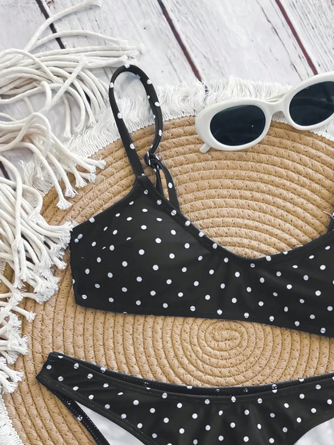 Swim Mod Elegant Vacation Bohemian Navy Blue & White Polka Dot Adjustable Strap V-Neck Sexy Bikini Set