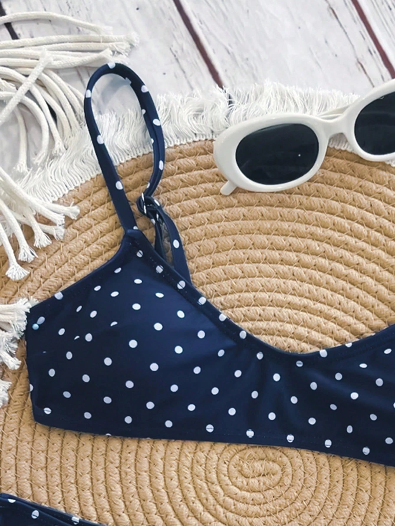 Swim Mod Elegant Vacation Bohemian Navy Blue & White Polka Dot Adjustable Strap V-Neck Sexy Bikini Set