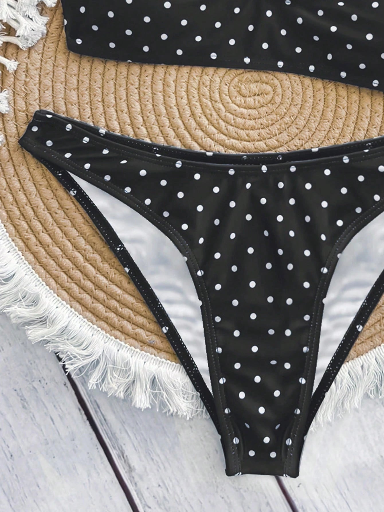 Swim Mod Elegant Vacation Bohemian Navy Blue & White Polka Dot Adjustable Strap V-Neck Sexy Bikini Set