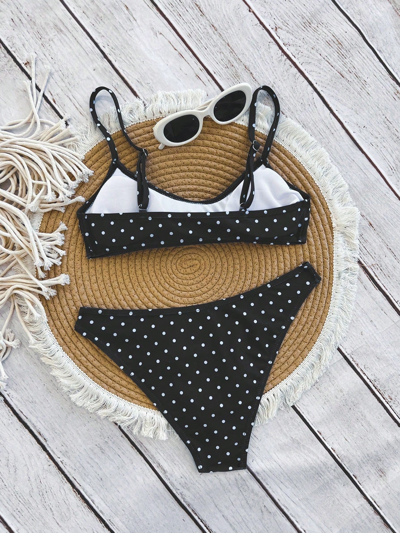 Swim Mod Elegant Vacation Bohemian Navy Blue & White Polka Dot Adjustable Strap V-Neck Sexy Bikini Set