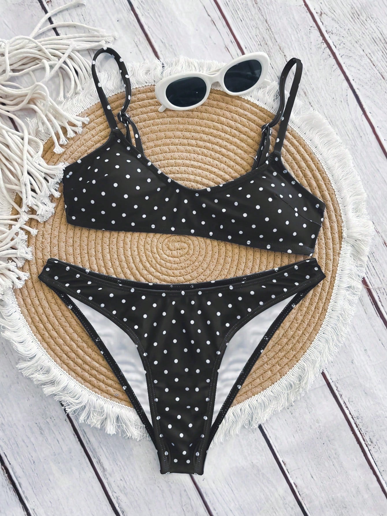 Swim Mod Elegant Vacation Bohemian Navy Blue & White Polka Dot Adjustable Strap V-Neck Sexy Bikini Set