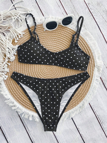 Swim Mod Elegant Vacation Bohemian Navy Blue & White Polka Dot Adjustable Strap V-Neck Sexy Bikini Set