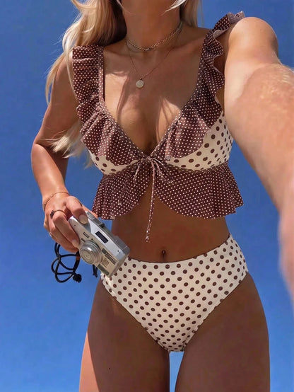 Swim Mod Floral Ditsy Print Cute Sweet Elegant Tropical Vintage Casual Vacation Beach Vacation Seaside Women's Tank Top Camisole Bikini Brown Polka Dot Summer