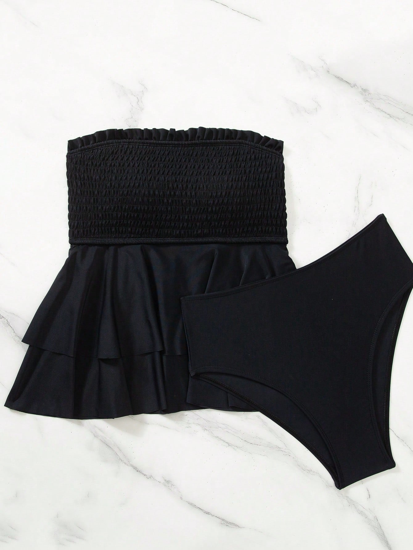 Swim Mod Front Shirred Double Layer Ruffle Bandeau Triangle Tankini Set, Suitable For Beach, Pool And Vacation