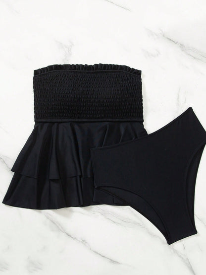 Swim Mod Front Shirred Double Layer Ruffle Bandeau Triangle Tankini Set, Suitable For Beach, Pool And Vacation
