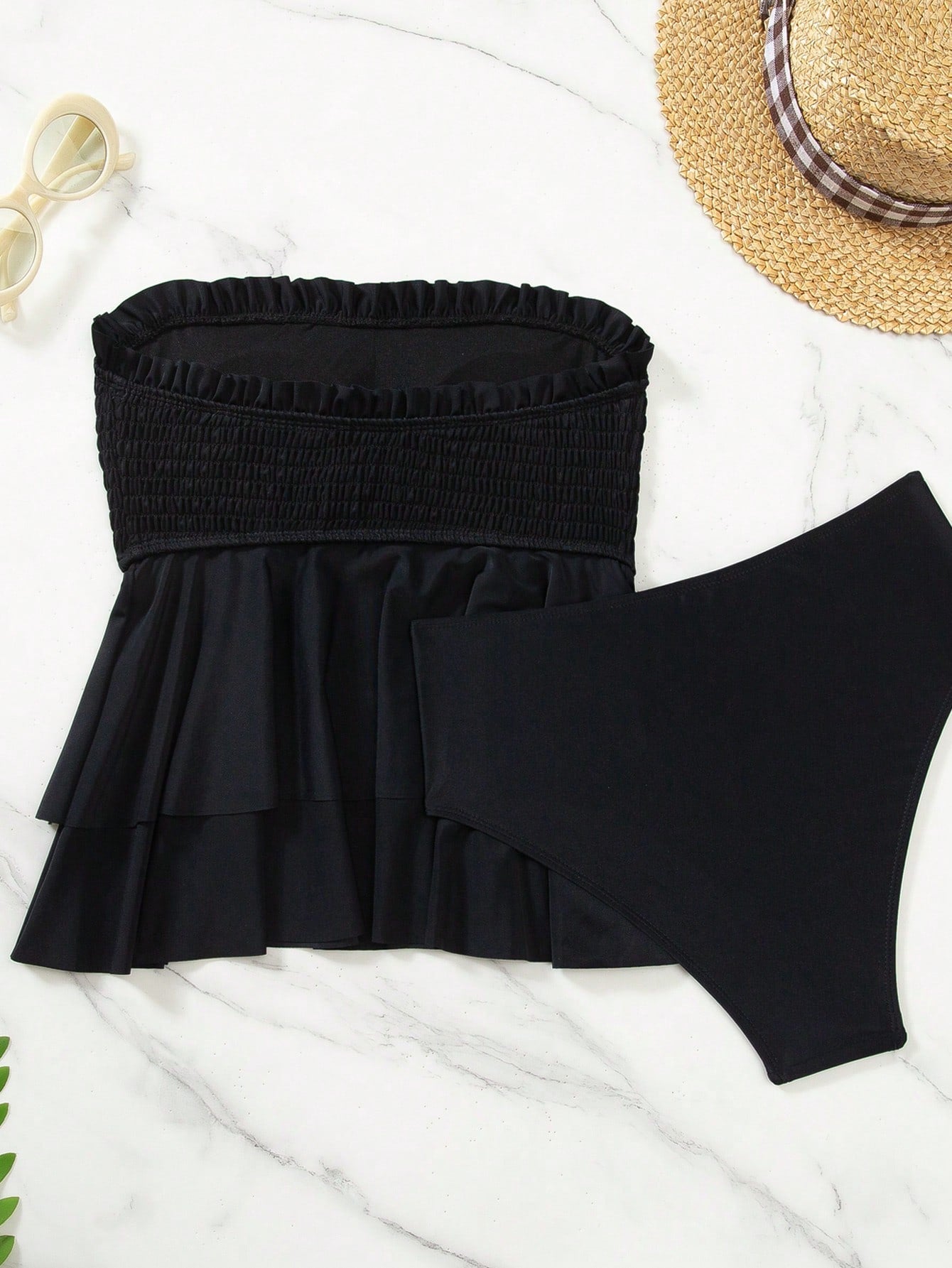 Swim Mod Front Shirred Double Layer Ruffle Bandeau Triangle Tankini Set, Suitable For Beach, Pool And Vacation