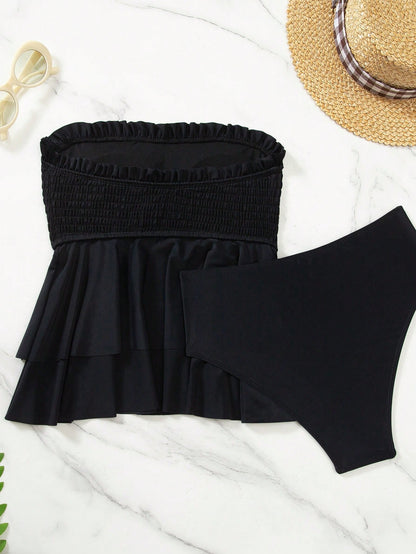 Swim Mod Front Shirred Double Layer Ruffle Bandeau Triangle Tankini Set, Suitable For Beach, Pool And Vacation