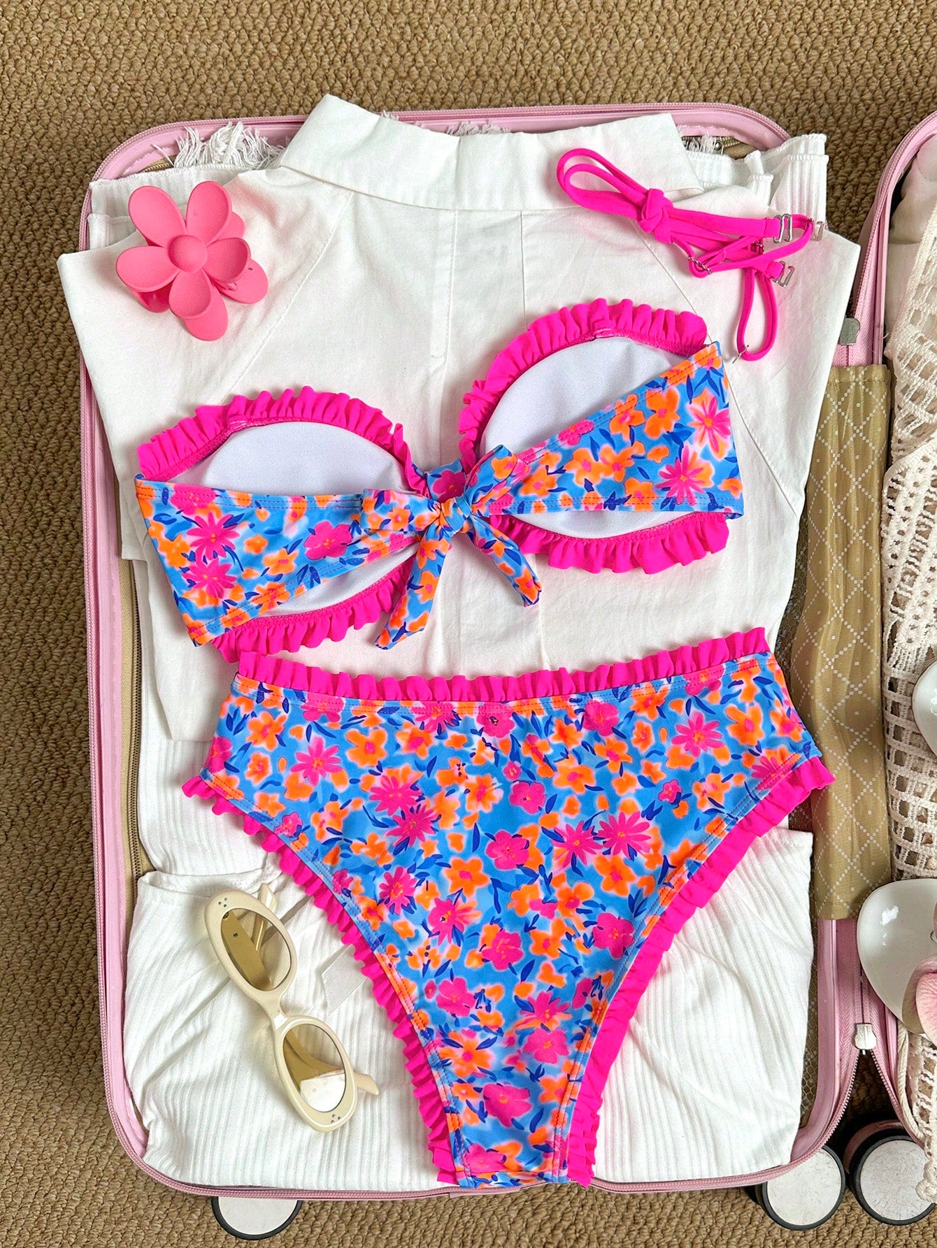 Swim Mod Girls Polka Dot Print Flat Chest Ruched Swimsuit Top Plus High Waist Ruched Ruffle Bikini Bottoms Women Swimsuit Set
