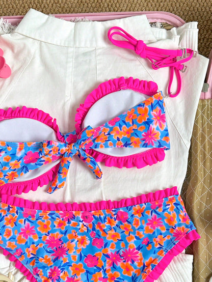 Swim Mod Girls Polka Dot Print Flat Chest Ruched Swimsuit Top Plus High Waist Ruched Ruffle Bikini Bottoms Women Swimsuit Set