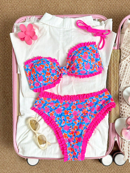 Swim Mod Girls Polka Dot Print Flat Chest Ruched Swimsuit Top Plus High Waist Ruched Ruffle Bikini Bottoms Women Swimsuit Set
