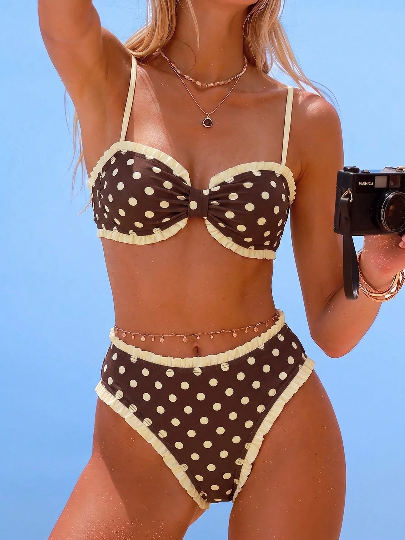Swim Mod Girls Polka Dot Print Flat Chest Ruched Swimsuit Top Plus High Waist Ruched Ruffle Bikini Bottoms Women Swimsuit Set