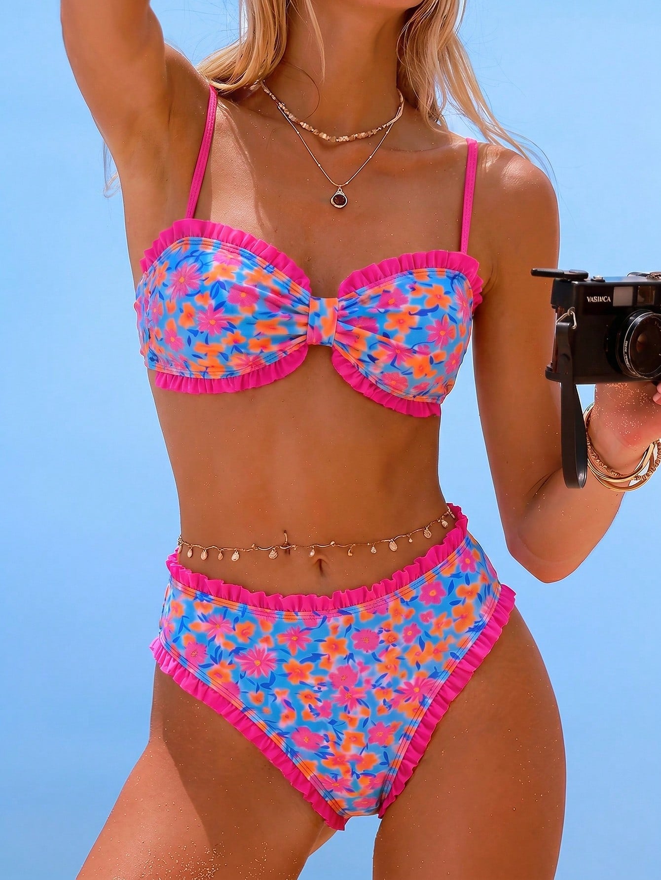 Swim Mod Girls Polka Dot Print Flat Chest Ruched Swimsuit Top Plus High Waist Ruched Ruffle Bikini Bottoms Women Swimsuit Set