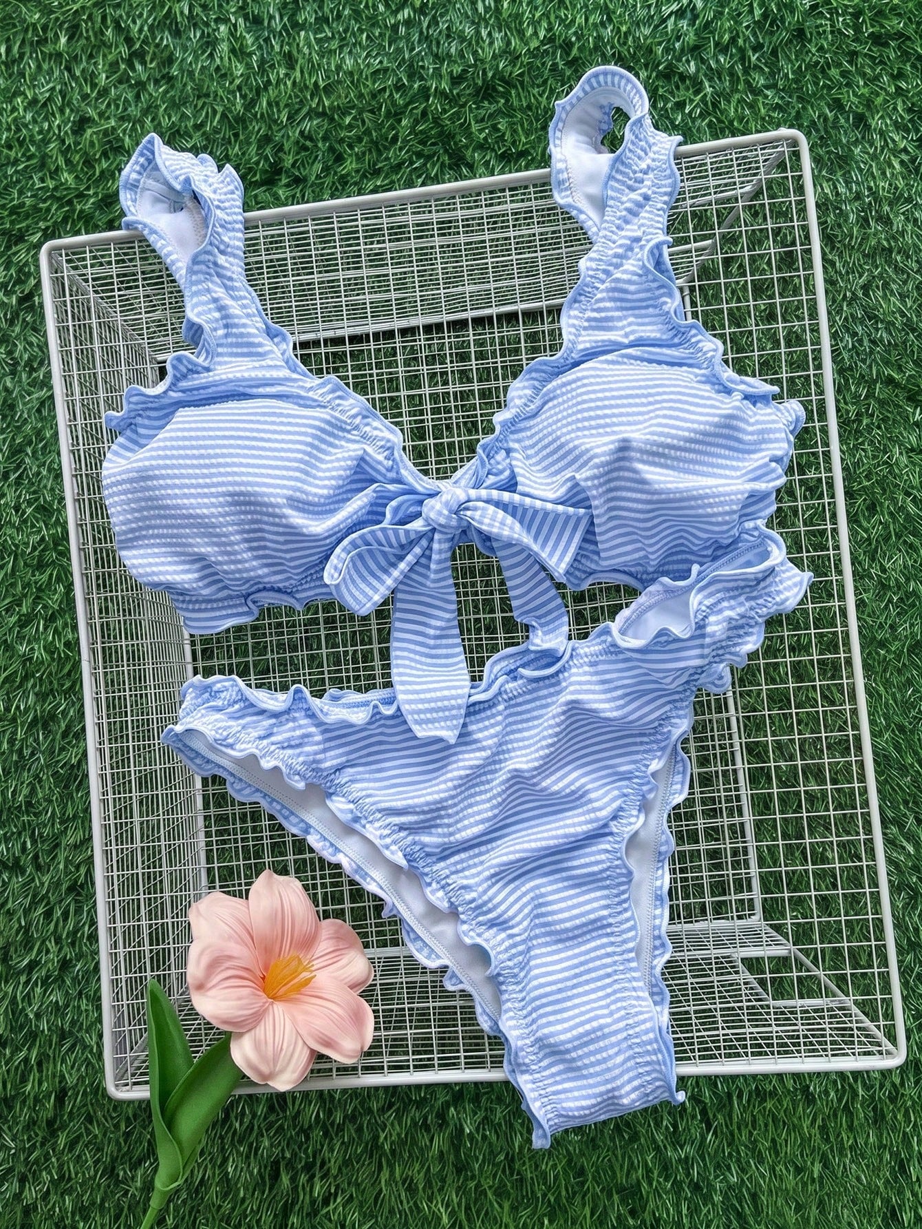 Swim Mod Minimalist Sexy Style Pink Ruffle Trim Tie-Up Two-Piece Swimsuit For Women, Sweet Ruffle Bikini For Hot Spring And Vacation