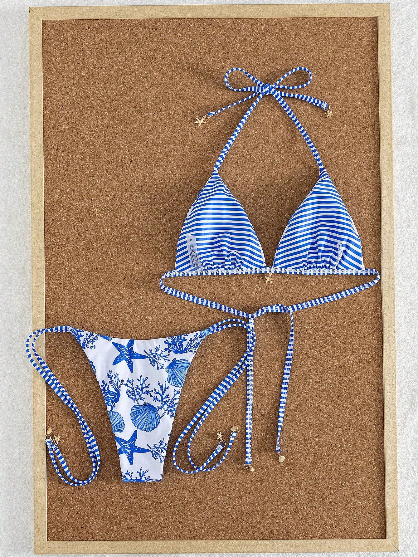 Swim Mod New Arrival Spring/Summer Seaside Casual Vacation Blue & White Starfish Shell Print Halter Bikini Set, Sexy Two Pieces Swimwear