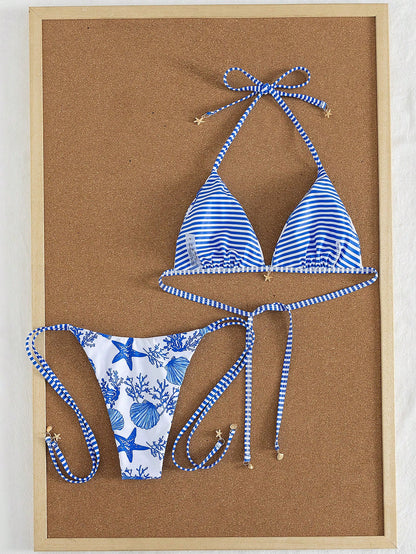 Swim Mod New Arrival Spring/Summer Seaside Casual Vacation Blue & White Starfish Shell Print Halter Bikini Set, Sexy Two Pieces Swimwear