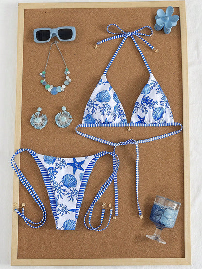 Swim Mod New Arrival Spring/Summer Seaside Casual Vacation Blue & White Starfish Shell Print Halter Bikini Set, Sexy Two Pieces Swimwear