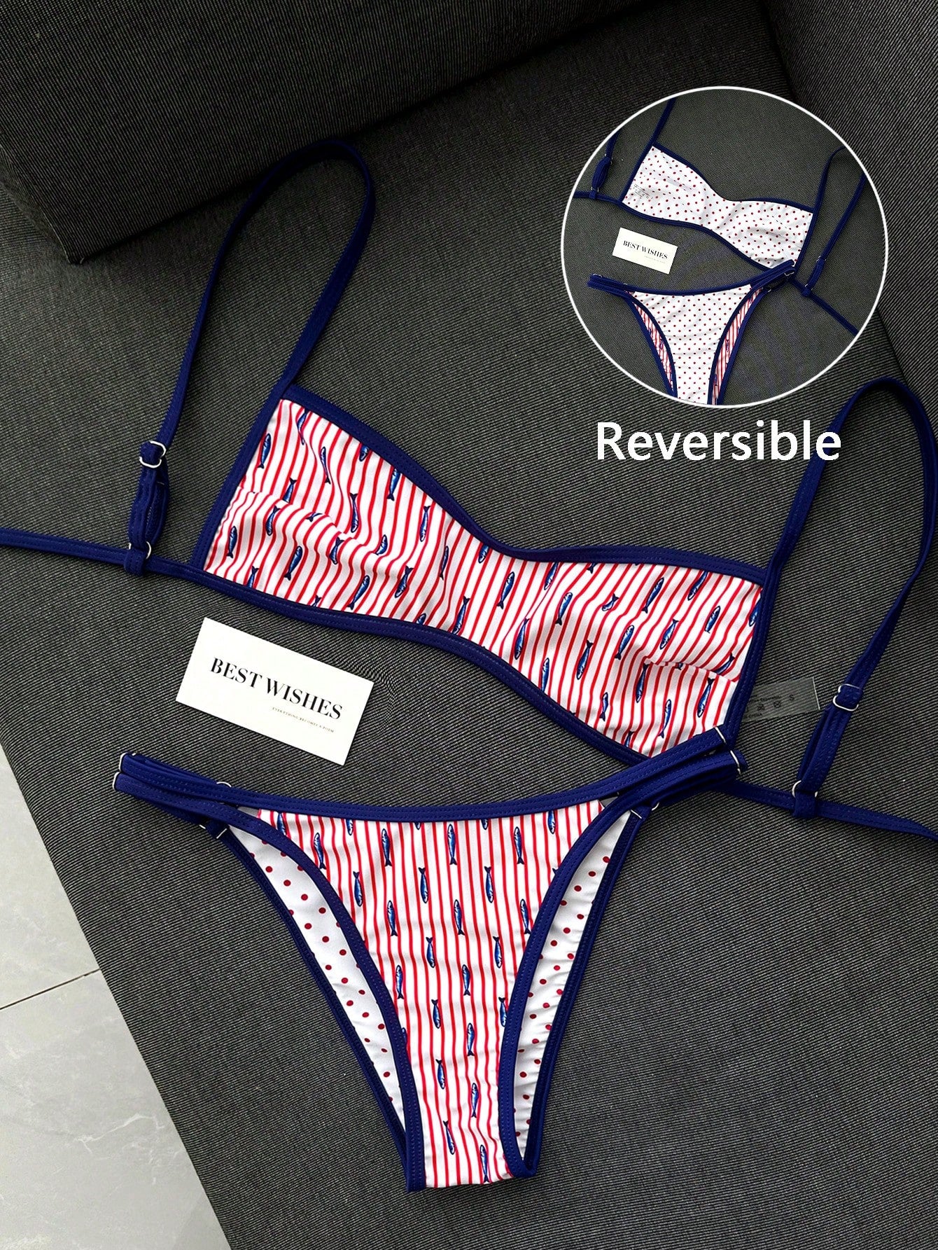 Swim Mod New Women's Beach Swimsuit Set Summer New Arrival Versatile Reversible 2-Piece Set Popular Fit Blue Red White Colorway Double-Sided Wear 2-Piece Set Ocean Fish Print Red White Polka Dot Print