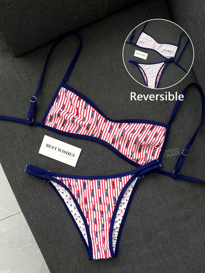 Swim Mod New Women's Beach Swimsuit Set Summer New Arrival Versatile Reversible 2-Piece Set Popular Fit Blue Red White Colorway Double-Sided Wear 2-Piece Set Ocean Fish Print Red White Polka Dot Print
