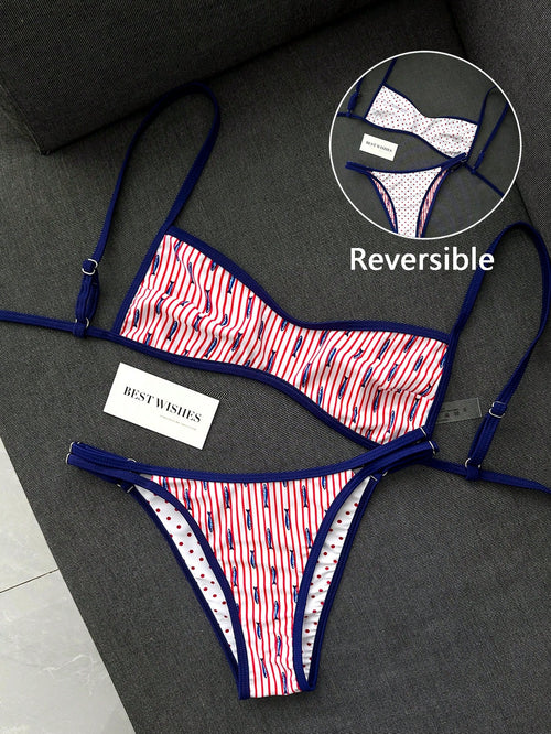 Swim Mod New Women's Beach Swimsuit Set Summer New Arrival Versatile Reversible 2-Piece Set Popular Fit Blue Red White Colorway Double-Sided Wear 2-Piece Set Ocean Fish Print Red White Polka Dot Print