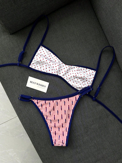 Swim Mod New Women's Beach Swimsuit Set Summer New Arrival Versatile Reversible 2-Piece Set Popular Fit Blue Red White Colorway Double-Sided Wear 2-Piece Set Ocean Fish Print Red White Polka Dot Print
