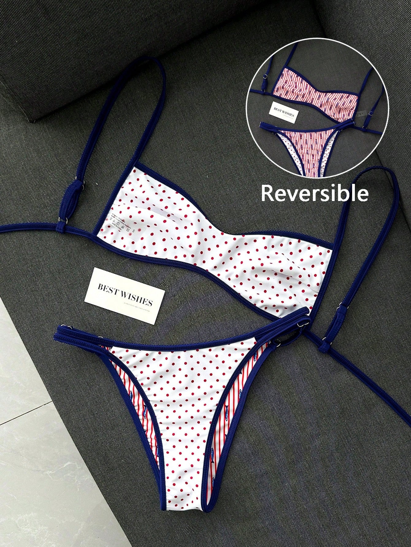 Swim Mod New Women's Beach Swimsuit Set Summer New Arrival Versatile Reversible 2-Piece Set Popular Fit Blue Red White Colorway Double-Sided Wear 2-Piece Set Ocean Fish Print Red White Polka Dot Print