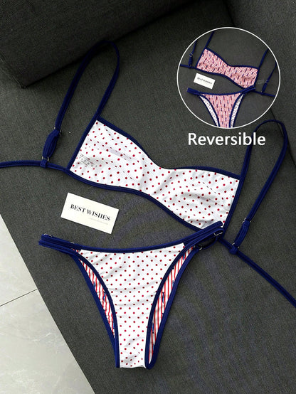 Swim Mod New Women's Beach Swimsuit Set Summer New Arrival Versatile Reversible 2-Piece Set Popular Fit Blue Red White Colorway Double-Sided Wear 2-Piece Set Ocean Fish Print Red White Polka Dot Print